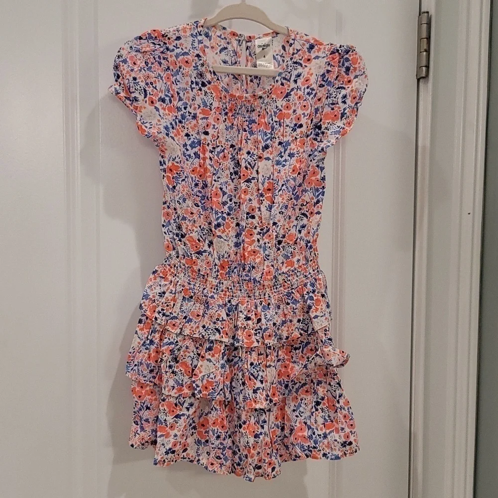 Oshkosh B'gosh Coral, Blue And White Floral Sleeveless Ruffle Dress - Size 4